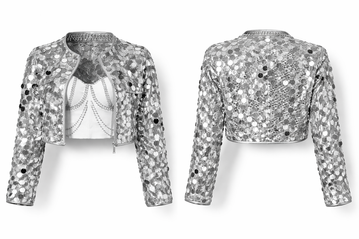 Women’s Silver Sequin Cropped Party Jacket – Long Sleeve Glitter Winter Evening Wear - UltraChic