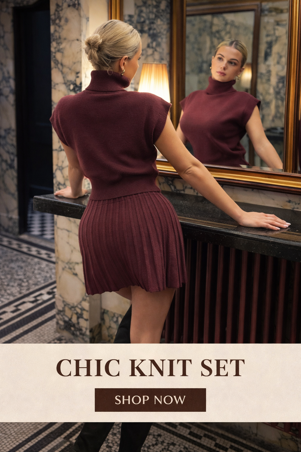 Women’s High Collar Knit Top & Midi Skirt Set – Elegant Fall Winter Two-Piece Outfit