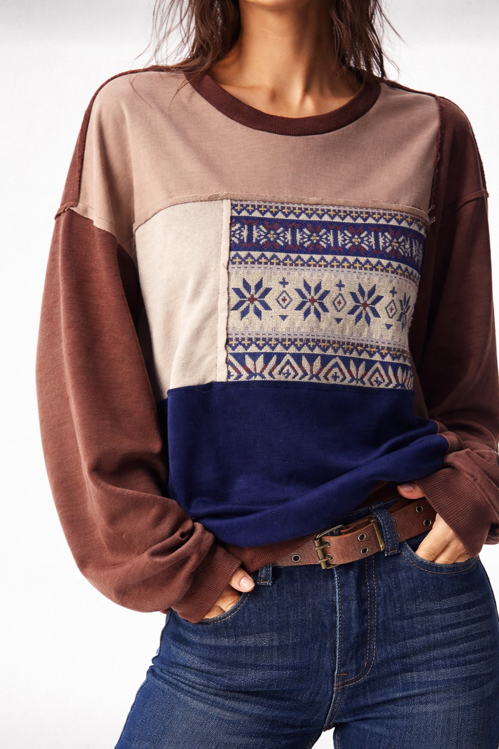 Women’s Patchwork Knit Sweatshirt – Cozy Autumn Winter Casual Top - UltraChic