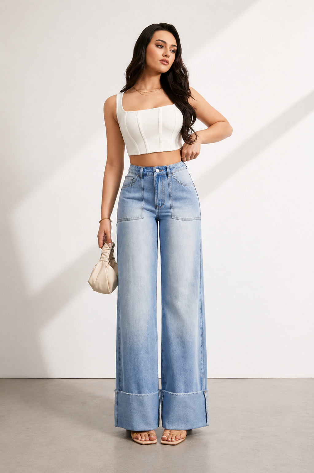 Wide Leg Denim Jeans High Waist Cuffed Hem Tall Fit Effortless Chic Summer Women