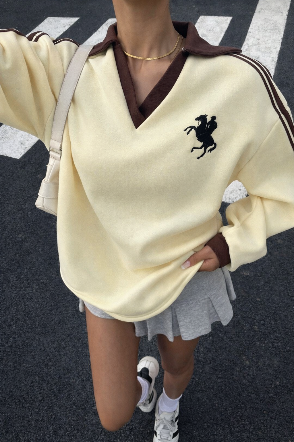 Women’s Thermal Lined Polo Neck Sweatshirt – Ribbon Embroidery Autumn/Winter Streetwear Top