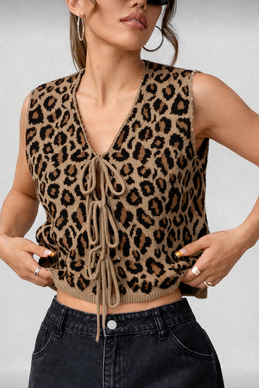 Women’s Leopard Print Sweater Vest – Casual Autumn/Winter Layering Knit