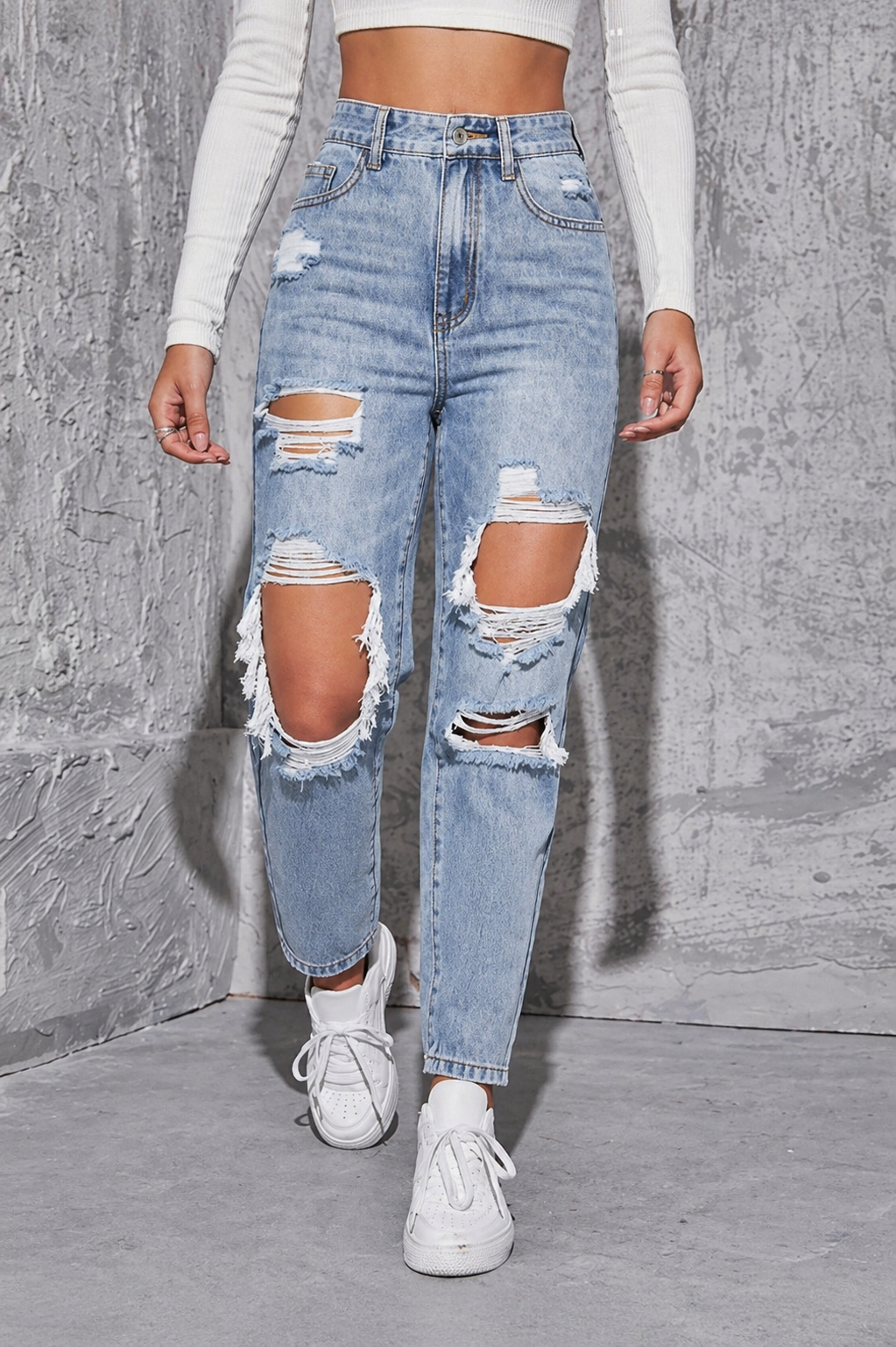 Ripped High Waist Straight Leg Jeans Slim Shape Effortless Style All Season Women