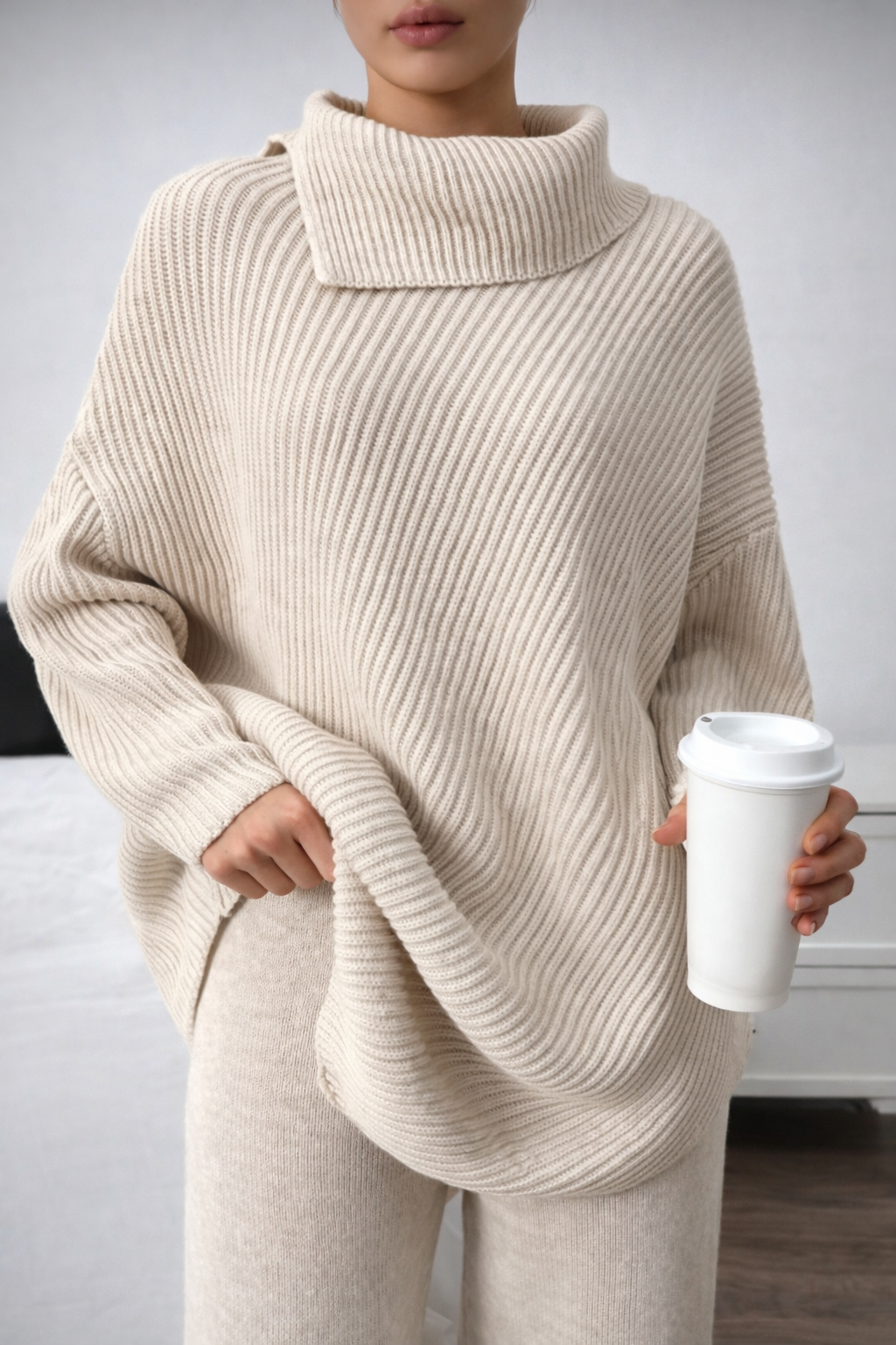 Women’s Turtleneck Oversized Knit Two-Piece Set – Batwing Sweater & Wide Leg Pants Winter Outfit