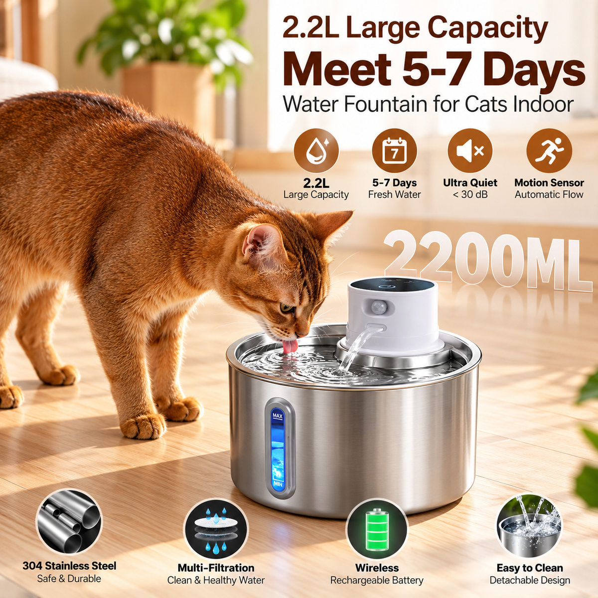 2.2L Cordless Cat Water Fountain with Motion Sensor – Automatic Pet Water Dispenser
