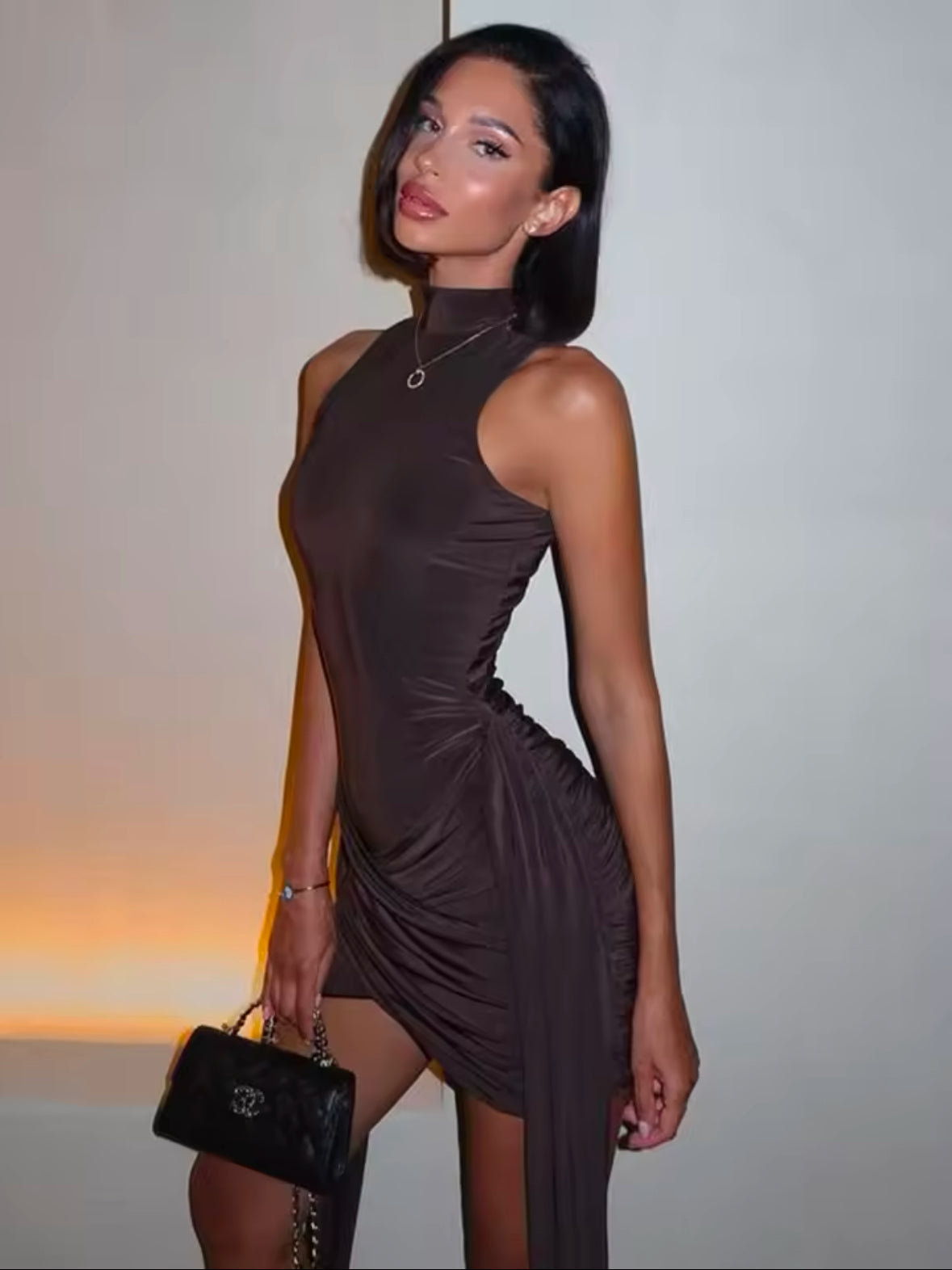 Sexy Sleeveless Turtleneck Mini Dress for Women – Fashionable Irregular Ruched Tank Dress for Elegant Club Parties