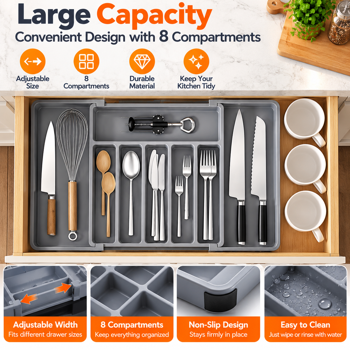 Expandable Kitchen Drawer Organizer – Adjustable Cutlery Tray