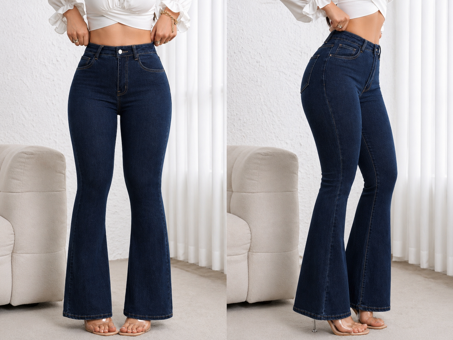 Flare Denim Jeans High Waist Curve Enhancing Slim Fit Legs Elongating Elegant Look All Season Women