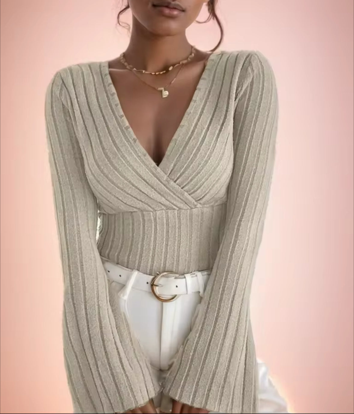 Stylish V-Neck Slim Fit Knit Top for Women – Long-Sleeve Striped Fall & Winter Shirt