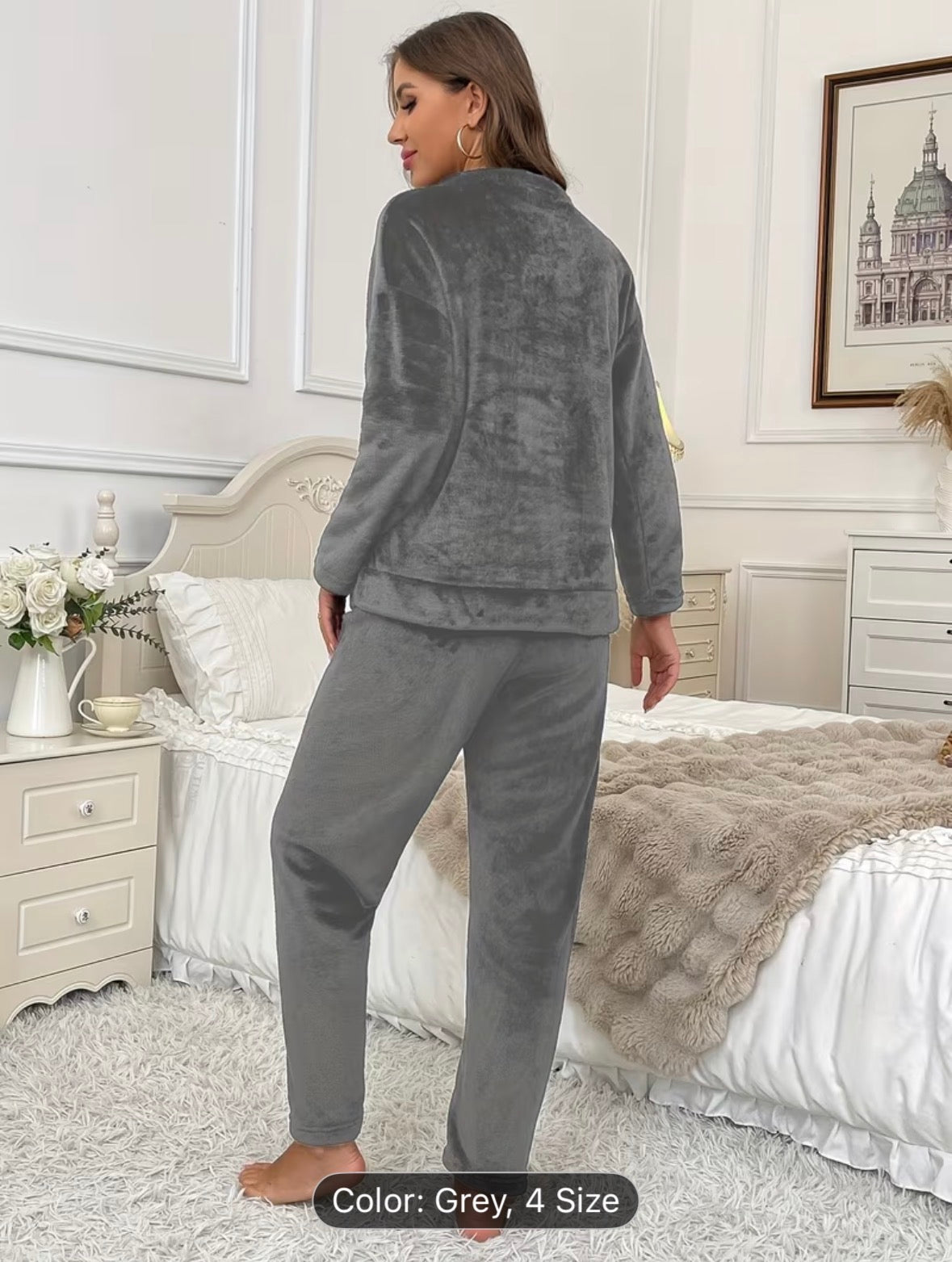 Women’s Autumn/Winter Flannel Coral Fleece Long Sleeve Pajama Set – Comfortable Warm Loungewear with Letter Embroidery, Casual Home Sleepwear Black - UltraChic