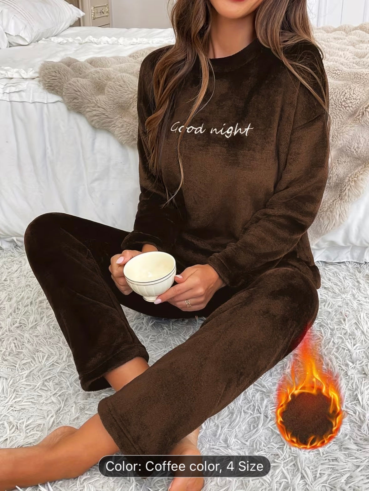 Women’s Autumn/Winter Flannel Coral Fleece Long Sleeve Pajama Set – Comfortable Warm Loungewear with Letter Embroidery, Casual Home Sleepwear Black - UltraChic