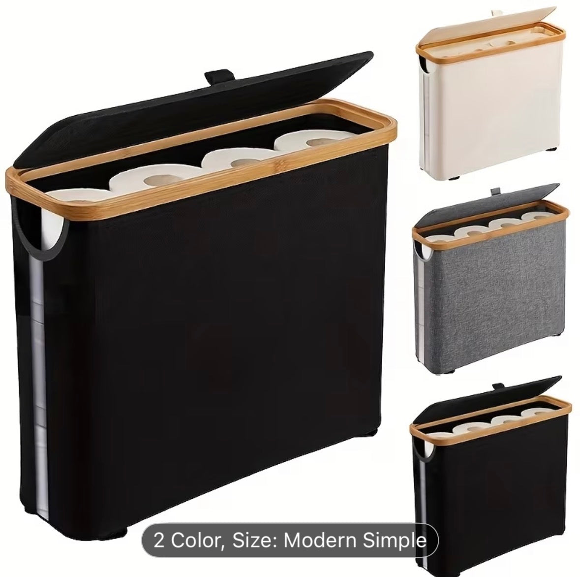 Large Capacity Toilet Paper Holder with Lid – Foldable Space-Saving Wood Frame with Gray Fabric, Modern Bathroom Storage Container, No Installation Needed