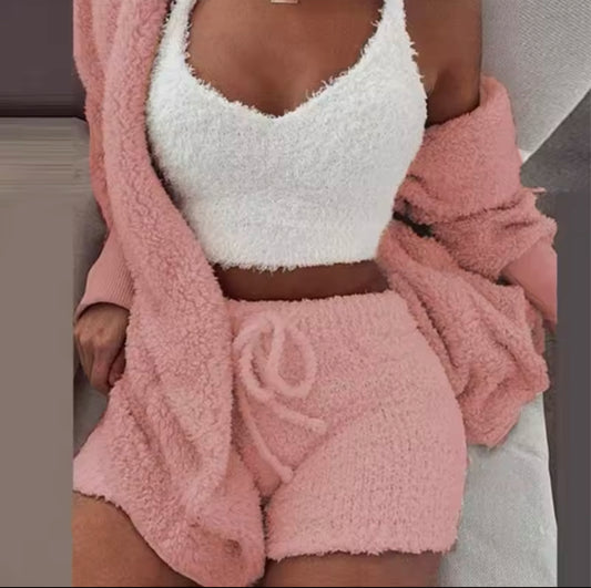 Fluffy 3-Piece Pajama Set for Women – Casual Sleepwear, Tank Top, Shorts, and Cozy Hoodie for Winter, Plus Size Leisure Homsuit