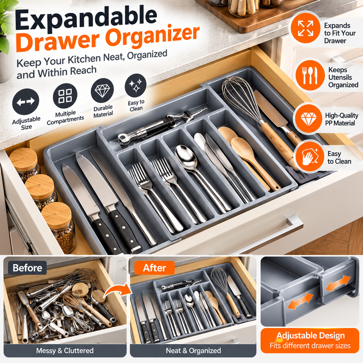 Expandable Kitchen Drawer Organizer – Adjustable Cutlery Tray