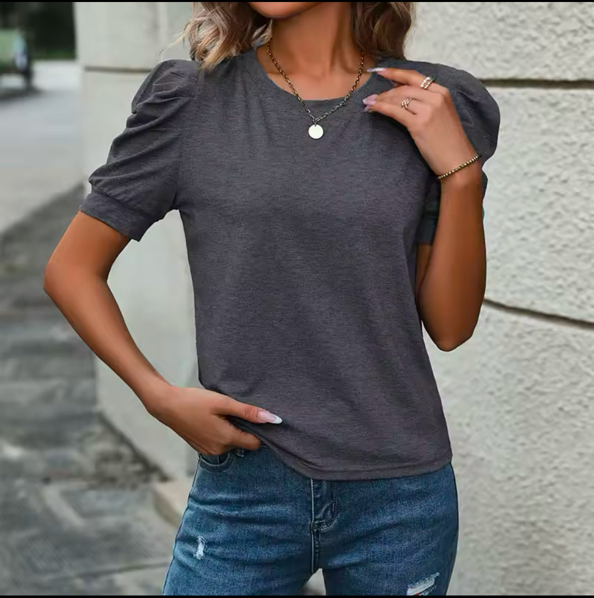 INAWLY Women’s Solid Color Crew Neck Gigot Sleeve T-Shirt – Elegant & Stylish Casual Top