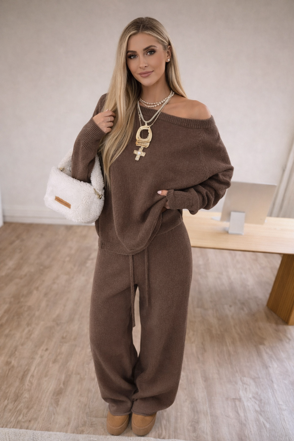 Women’s Oblique Shoulder Knit Set – Cozy Autumn/Winter Two-Piece Lounge Outfit