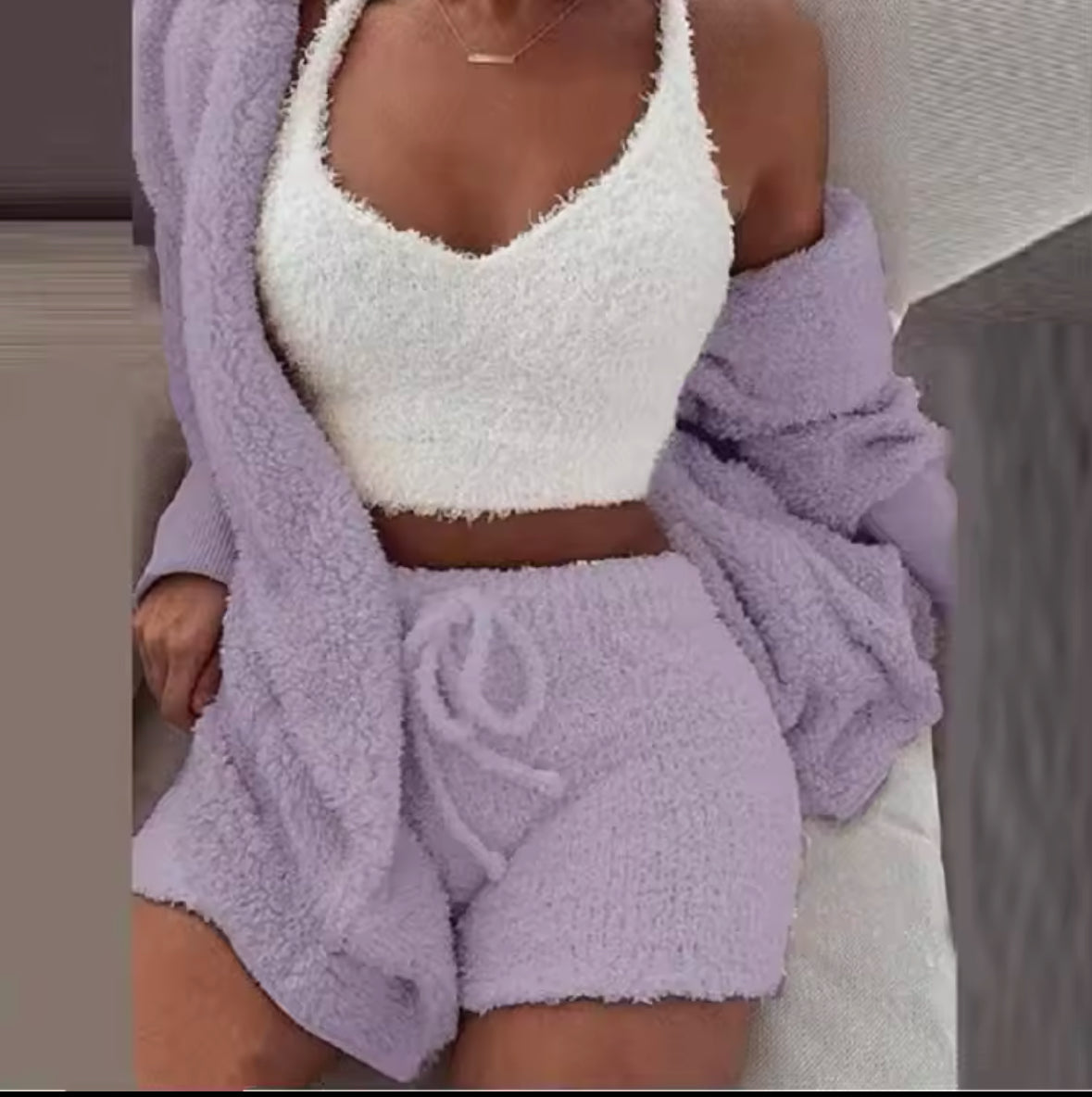 Fluffy 3-Piece Pajama Set for Women – Casual Sleepwear, Tank Top, Shorts, and Cozy Hoodie for Winter, Plus Size Leisure Homsuit