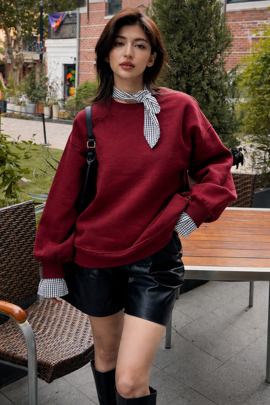 Women’s Plaid Bow Collar Thermal Sweatshirt – Cozy Fall Casual Top