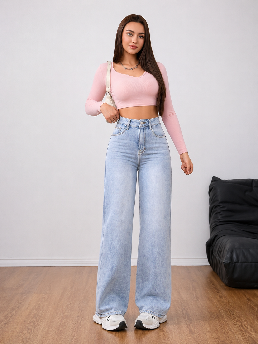 Wide Leg Denim Jeans Thick Cotton Fabric Flattering Silhouette All Season Women