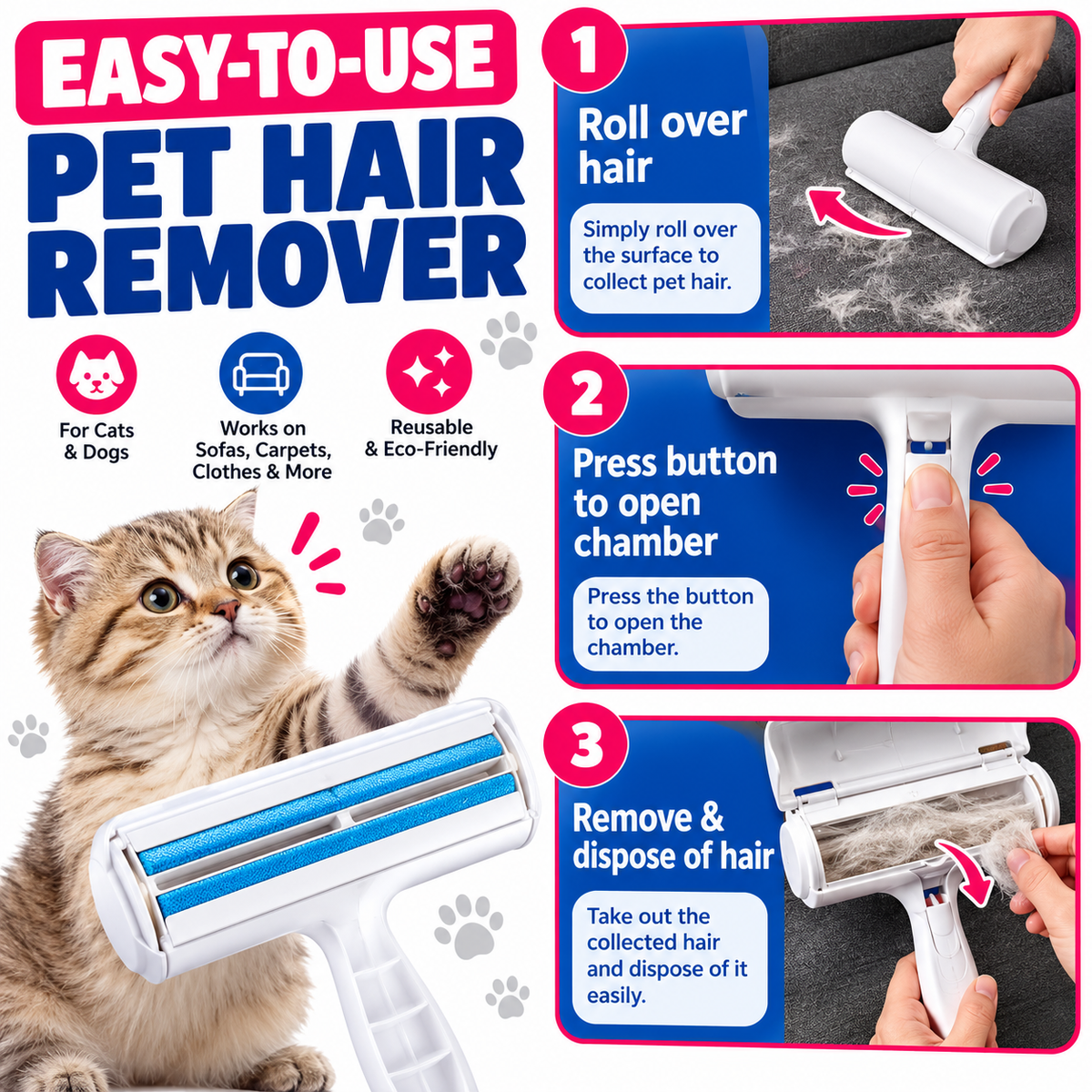 Pet Hair Remover Roller – Reusable Fur & Lint Cleaner