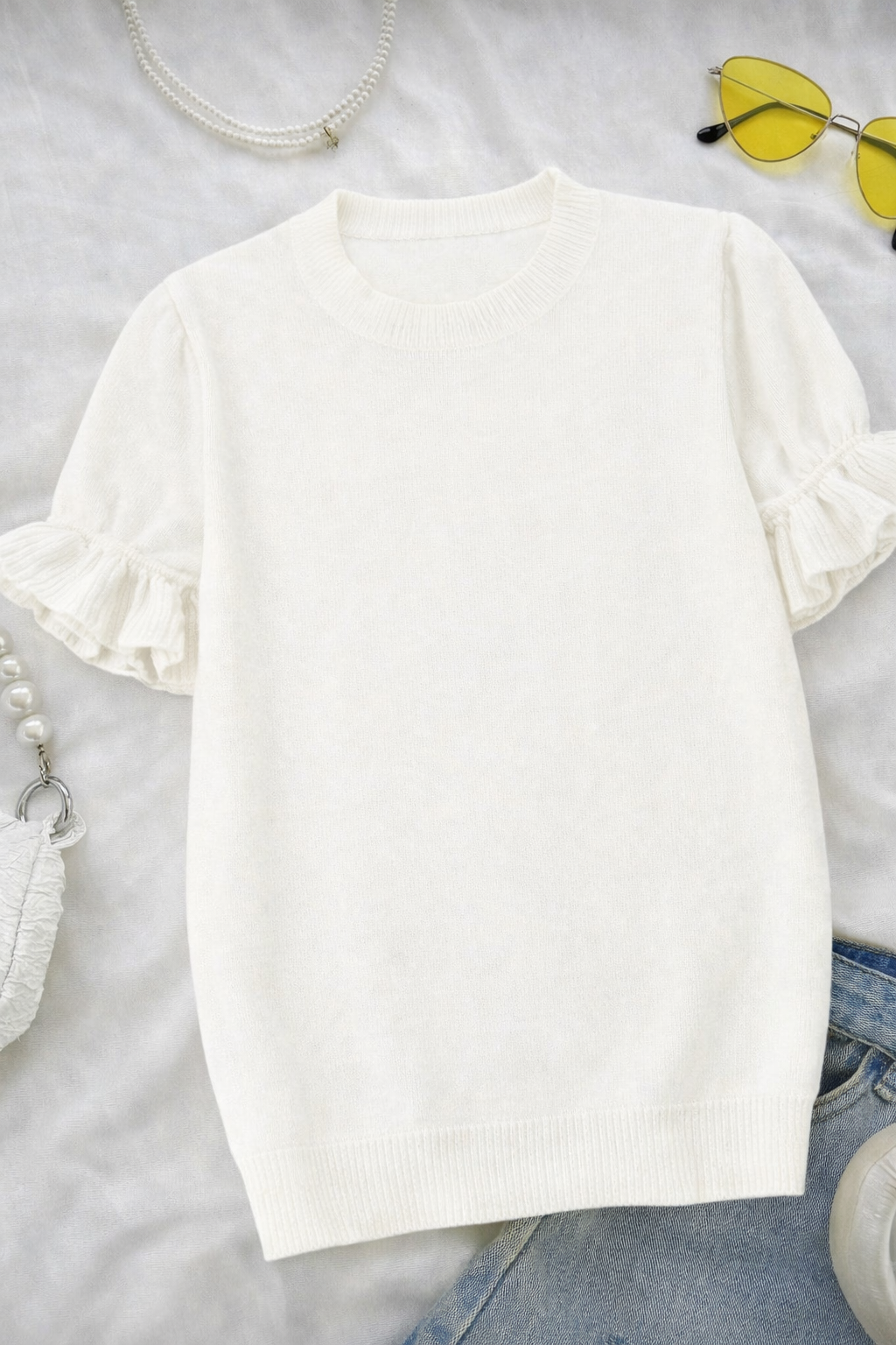 Women’s Wool Blend Ruffle Hem T-Shirt – Casual Spring/Autumn Loose Fit Top