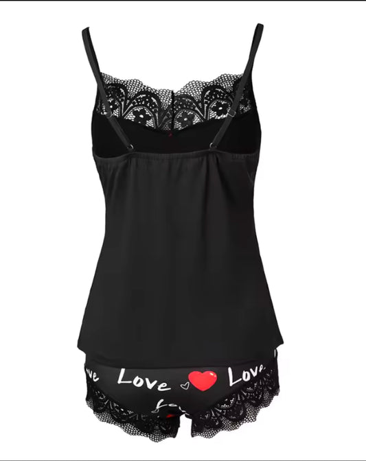 2025 Women’s Two-Piece Valentine’s Day Pajama Set – Heart Print Sleeveless Lace Cami Top & Comfy Home Shorts for a Romantic Look - UltraChic