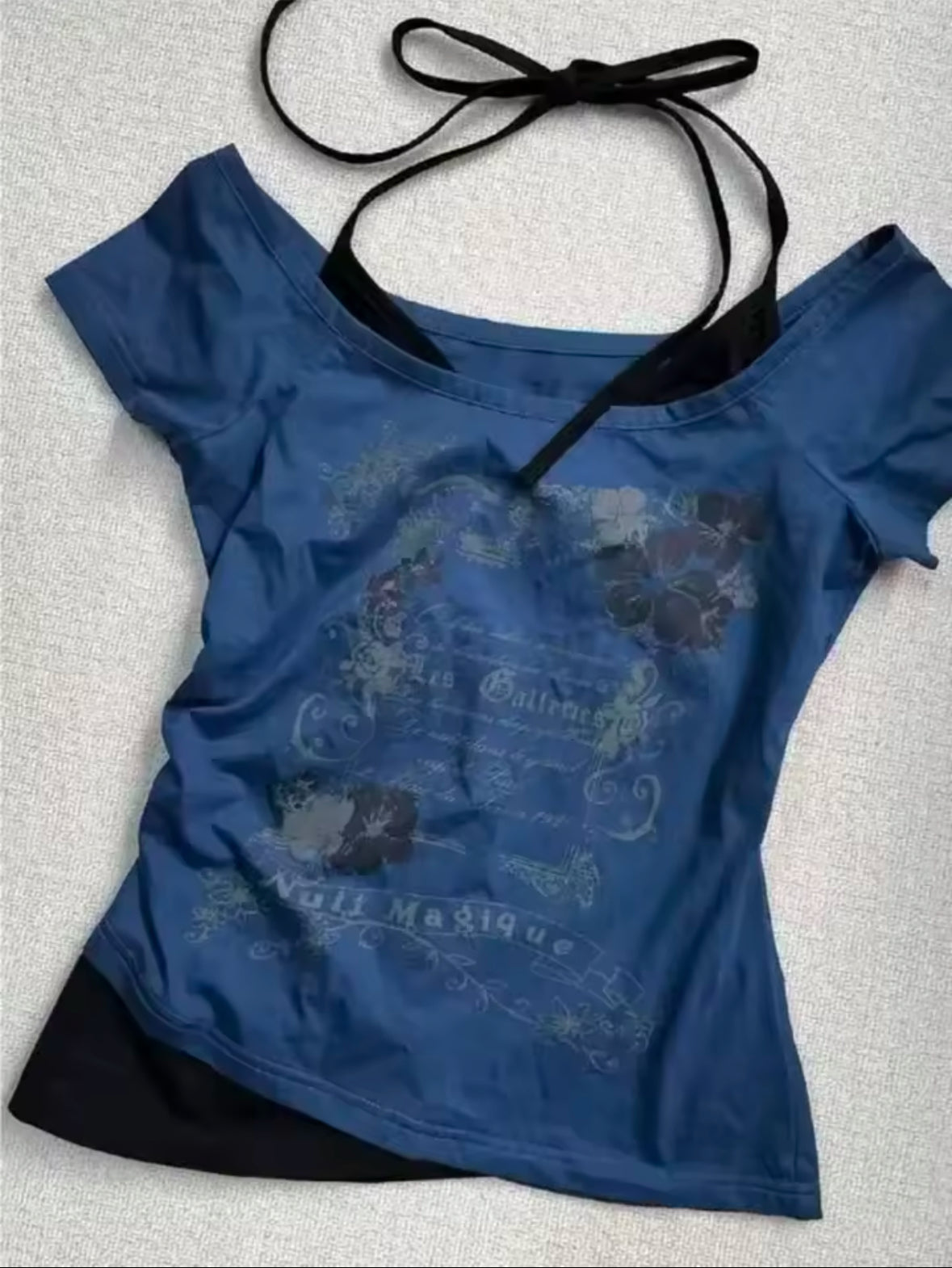 Vintage Y2K Lace-Up Halter Top – Off Shoulder Slim Fit T-Shirt for Women with Trendy Print Design