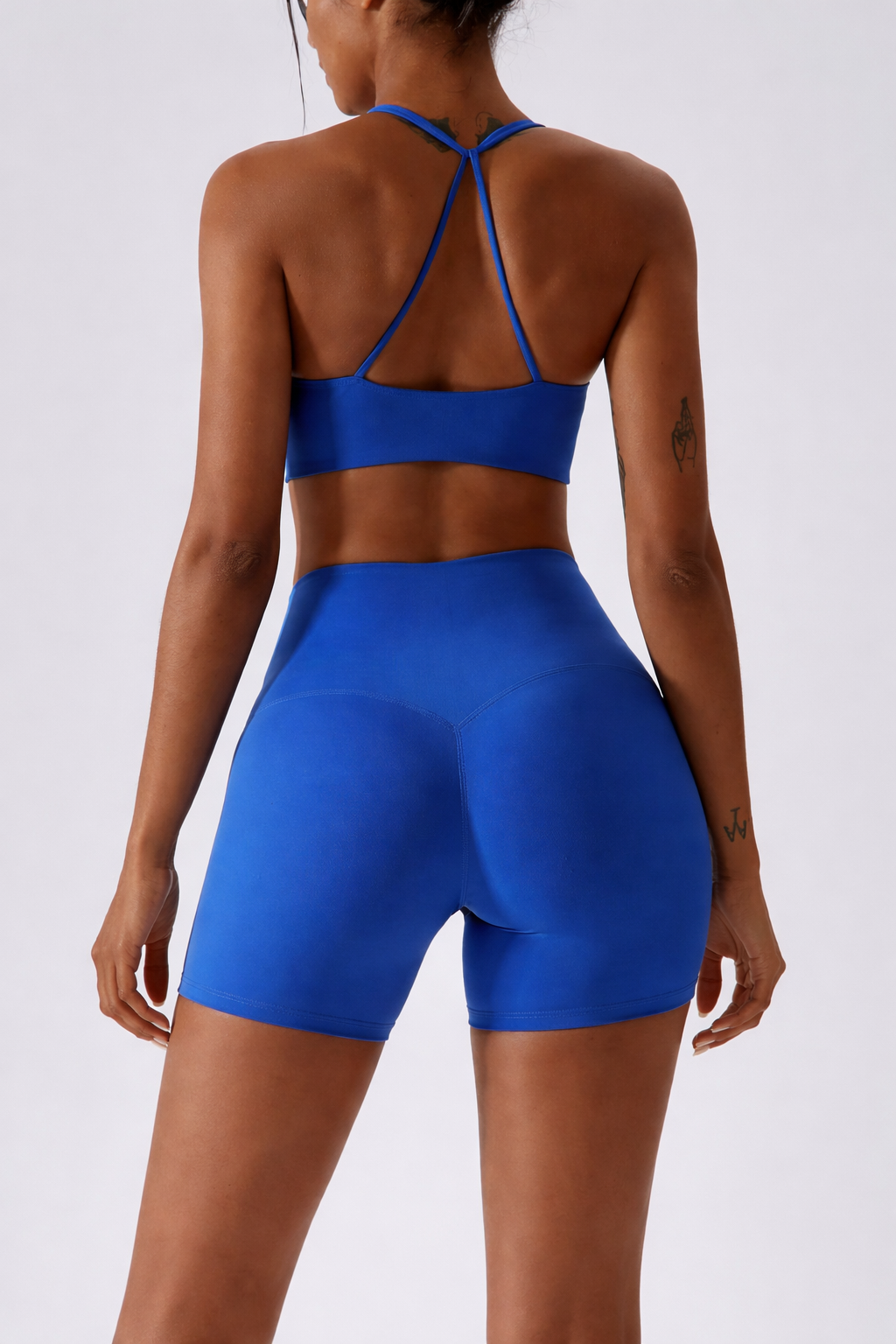 Women’s 2 Piece Workout Set – Ruched Halter Sports Bra & High Waist Mini Shorts Summer Activewear Outfit