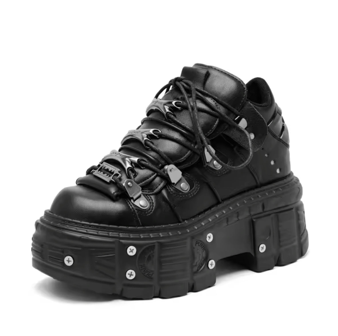 Punk Style Women’s Black Ankle Boots – Lace-Up, Metal Decor, Platform Heel Sneakers for Rock & Gothic Fashion (2025 New