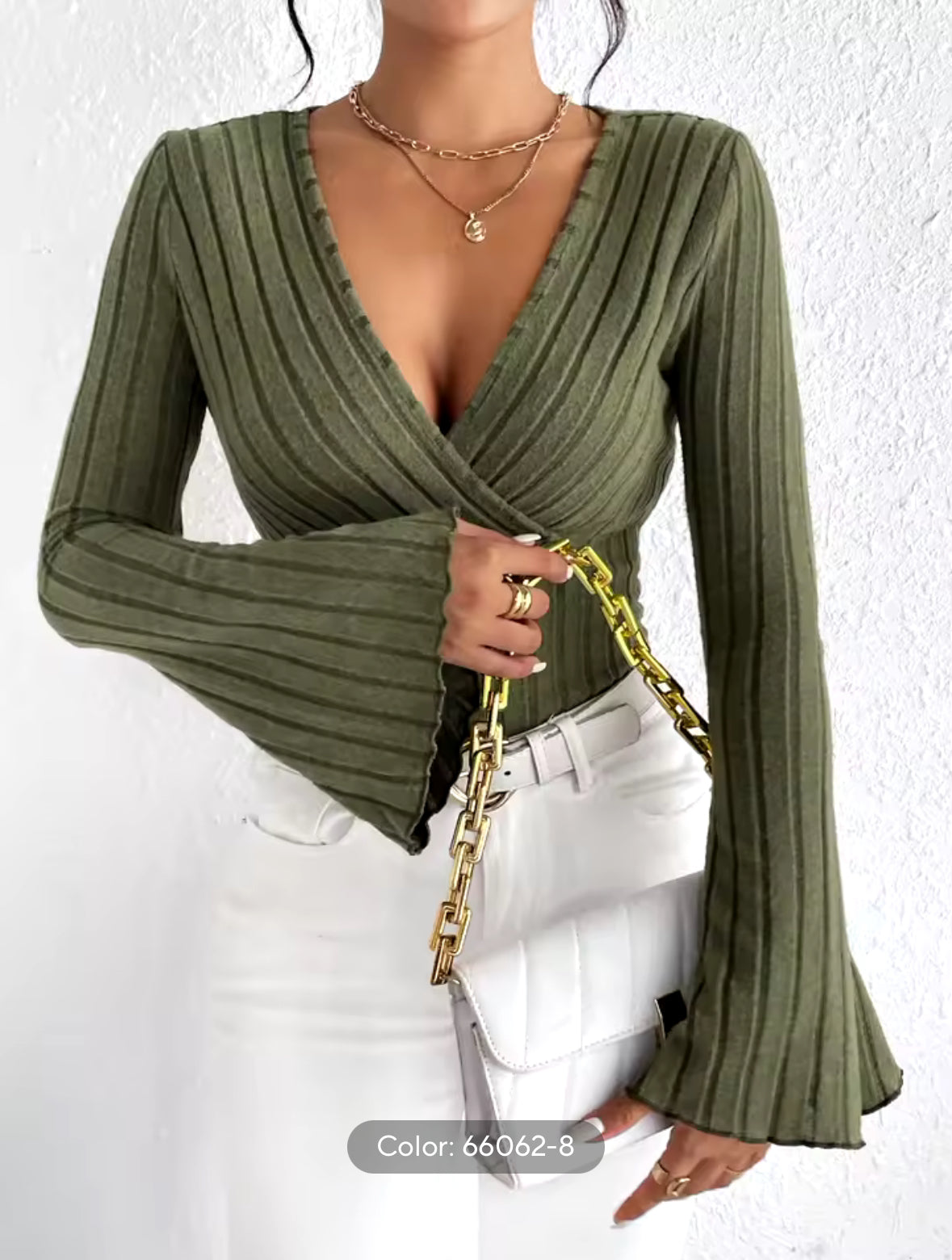 Stylish V-Neck Slim Fit Knit Top for Women – Long-Sleeve Striped Fall & Winter Shirt