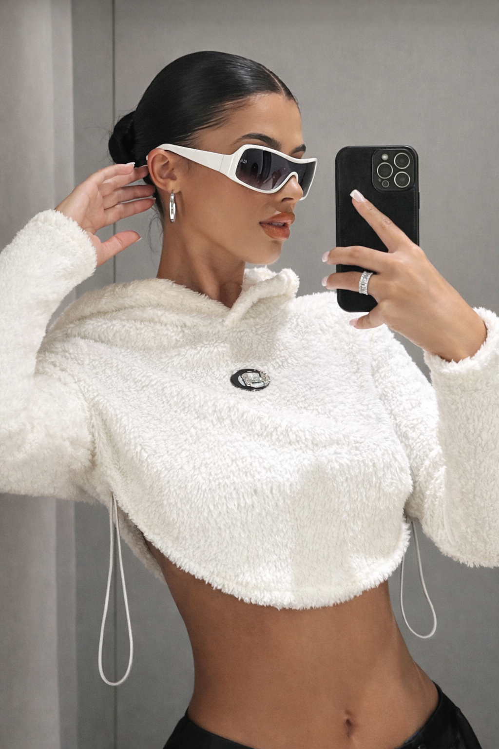 Women’s Crop Flannel Hoodie – Drawstring Hem Fall Winter Streetwear