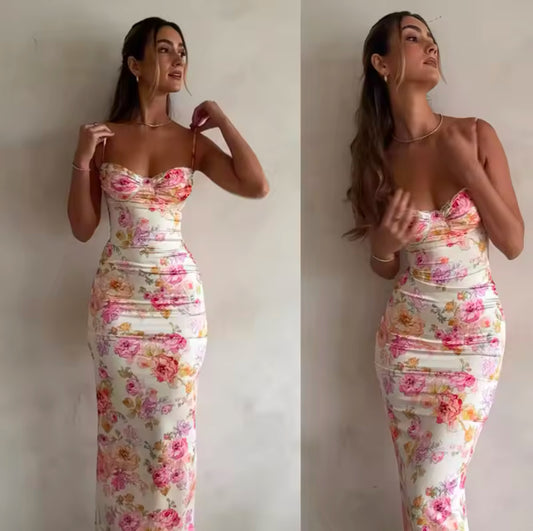 New Floral Sleeveless Mini Dress for Women – Spaghetti Strap, Slim Fit, Split Party Beach Style for Summer 2025