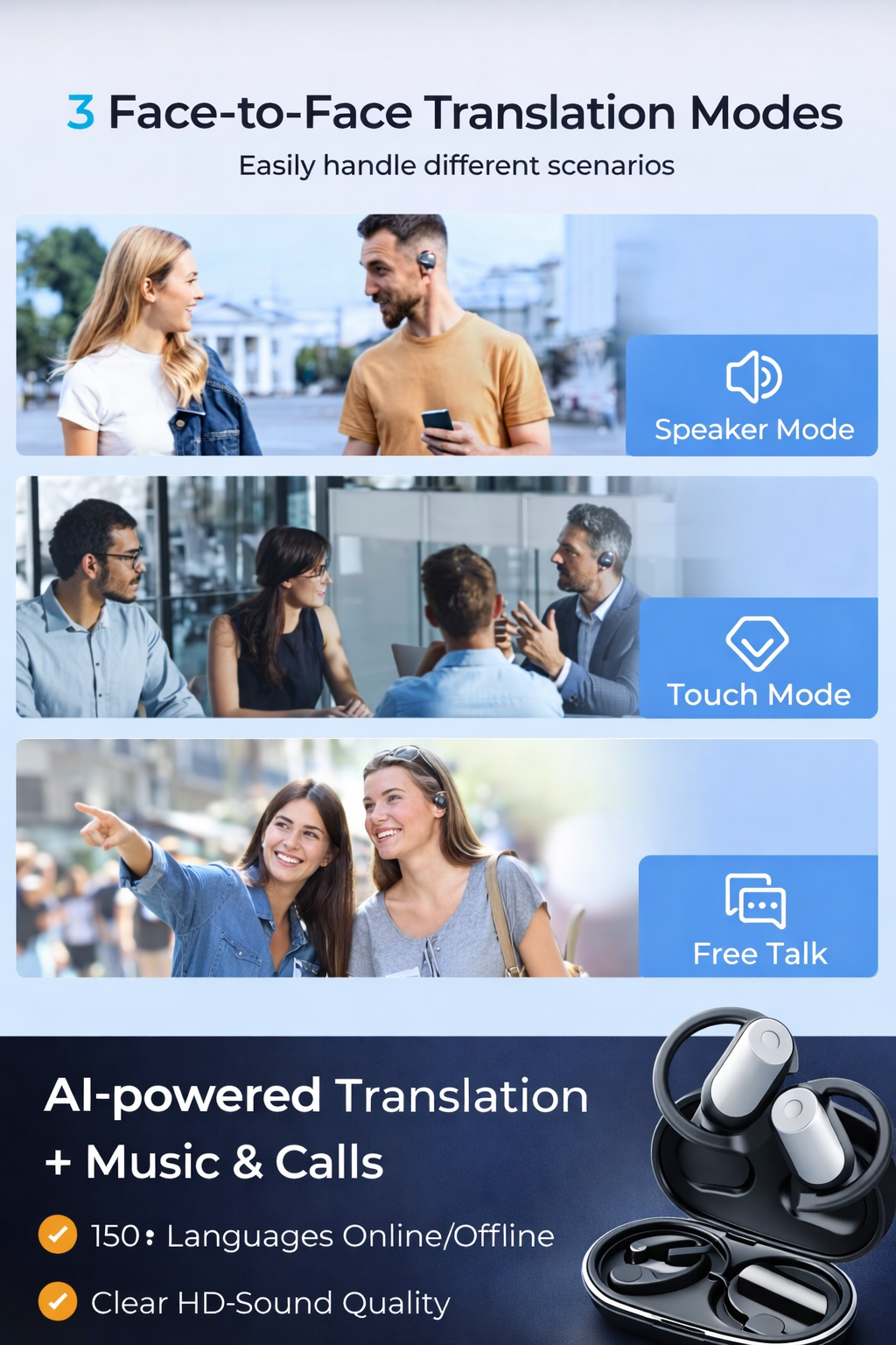 AI Translation Earbuds Real-Time 150 Languages – Smart Wireless Translator Headphones for Travel Business Communication