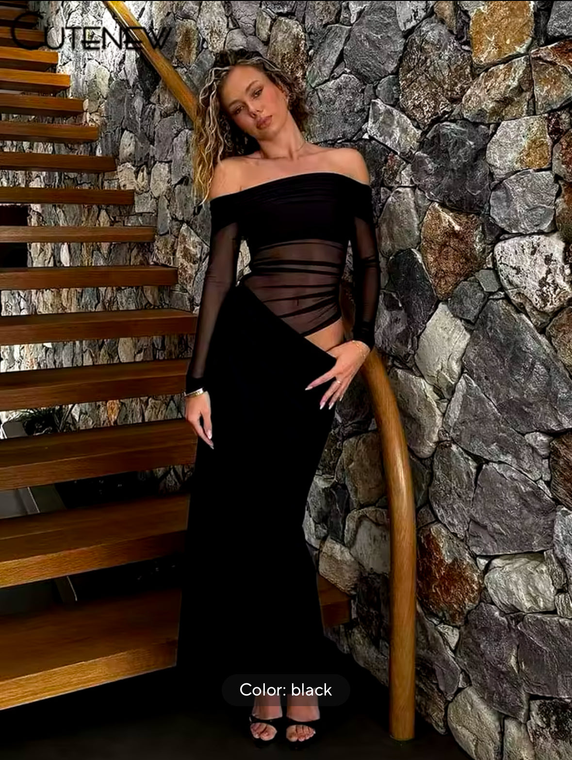 Sexy Mesh Ruched Maxi Dress for Women – Off Shoulder Sheer Long Sleeve Bodycon Gown for Midnight Parties