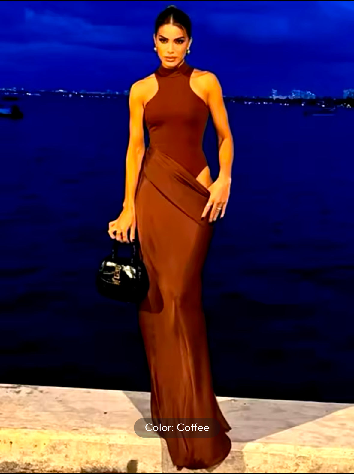 Elegant Black Satin Maxi Dress for Women – Sleeveless High Waist Hollow Out Dress for Autumn Parties and Clubwear