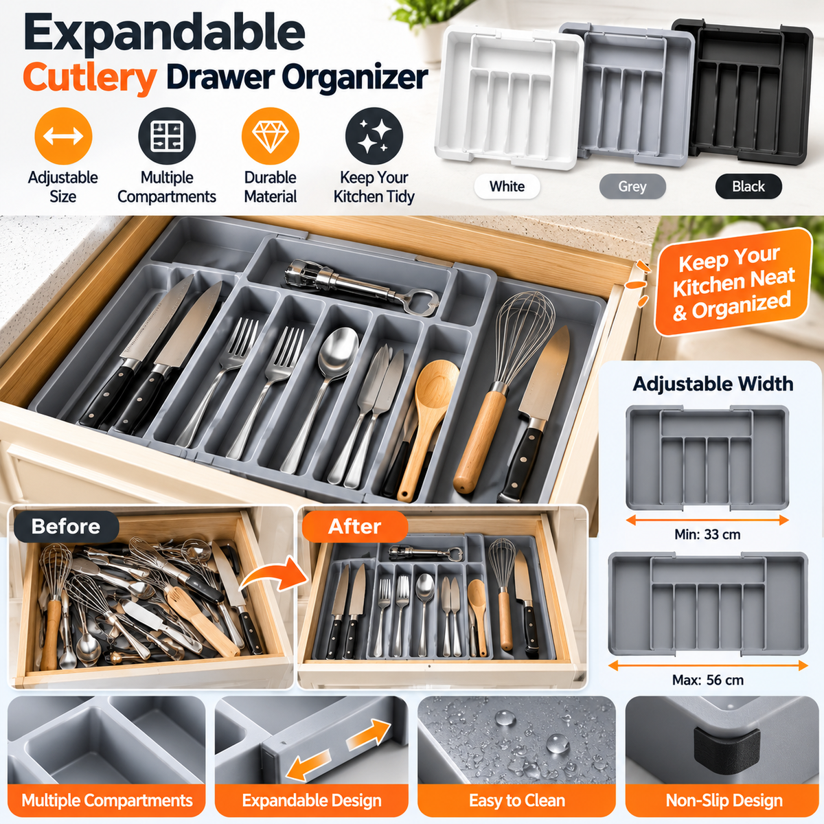 Expandable Kitchen Drawer Organizer – Adjustable Cutlery Tray