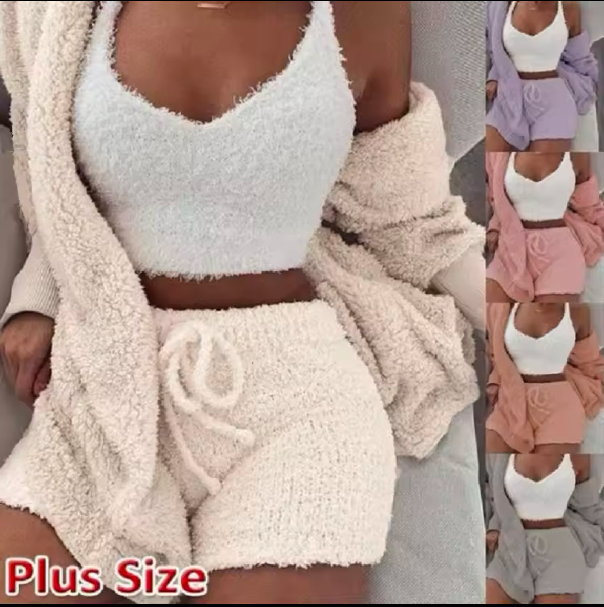 Fluffy 3-Piece Pajama Set for Women – Casual Sleepwear, Tank Top, Shorts, and Cozy Hoodie for Winter, Plus Size Leisure Homsuit