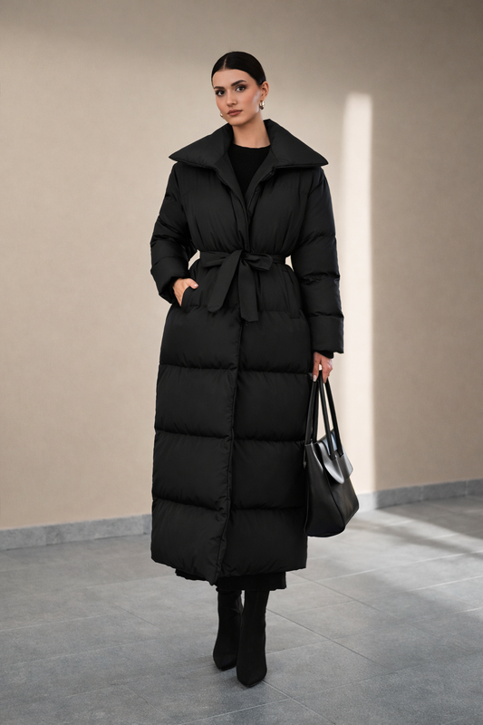 Women’s Black Long Puffer Coat with Belt | Minimalist Shawl Collar Winter Outerwear