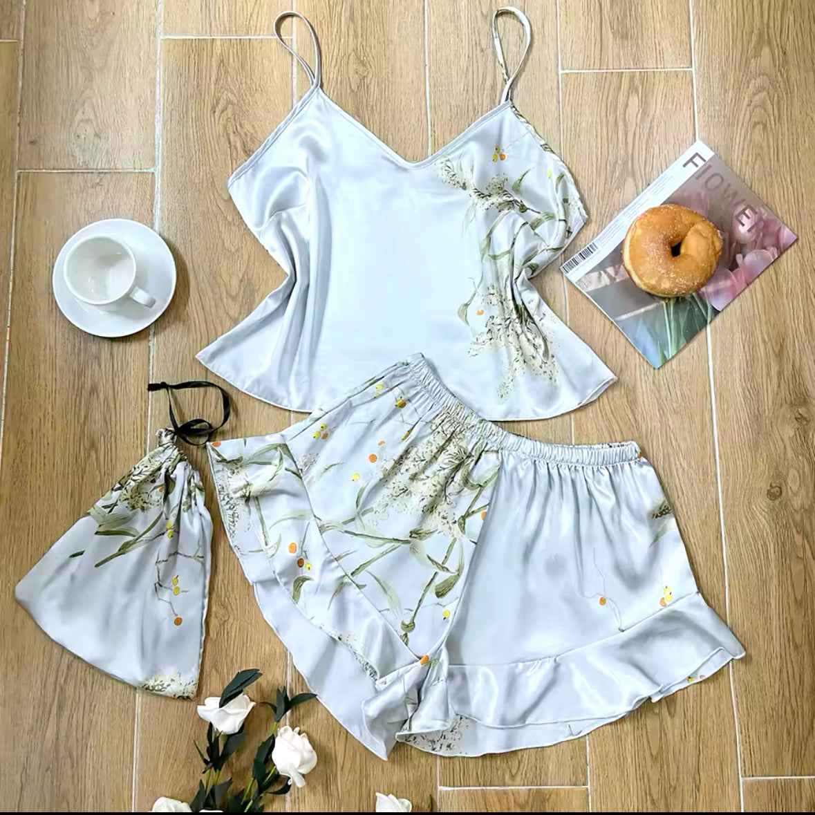 Elegant Floral Cami Pajama Set for Women – Ruffle Hem Shorts & Stylish Sleepwear for Comfortable Loungewear
