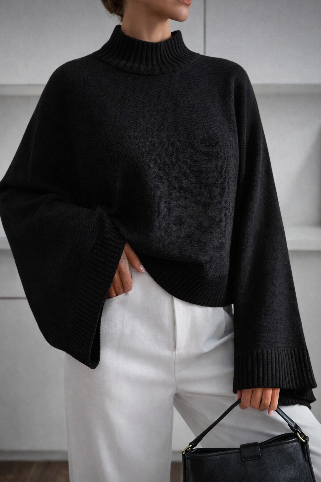 Women’s Oversized Batwing Sleeve Knit Sweater – Minimalist Mock Neck Winter Jumper - UltraChic