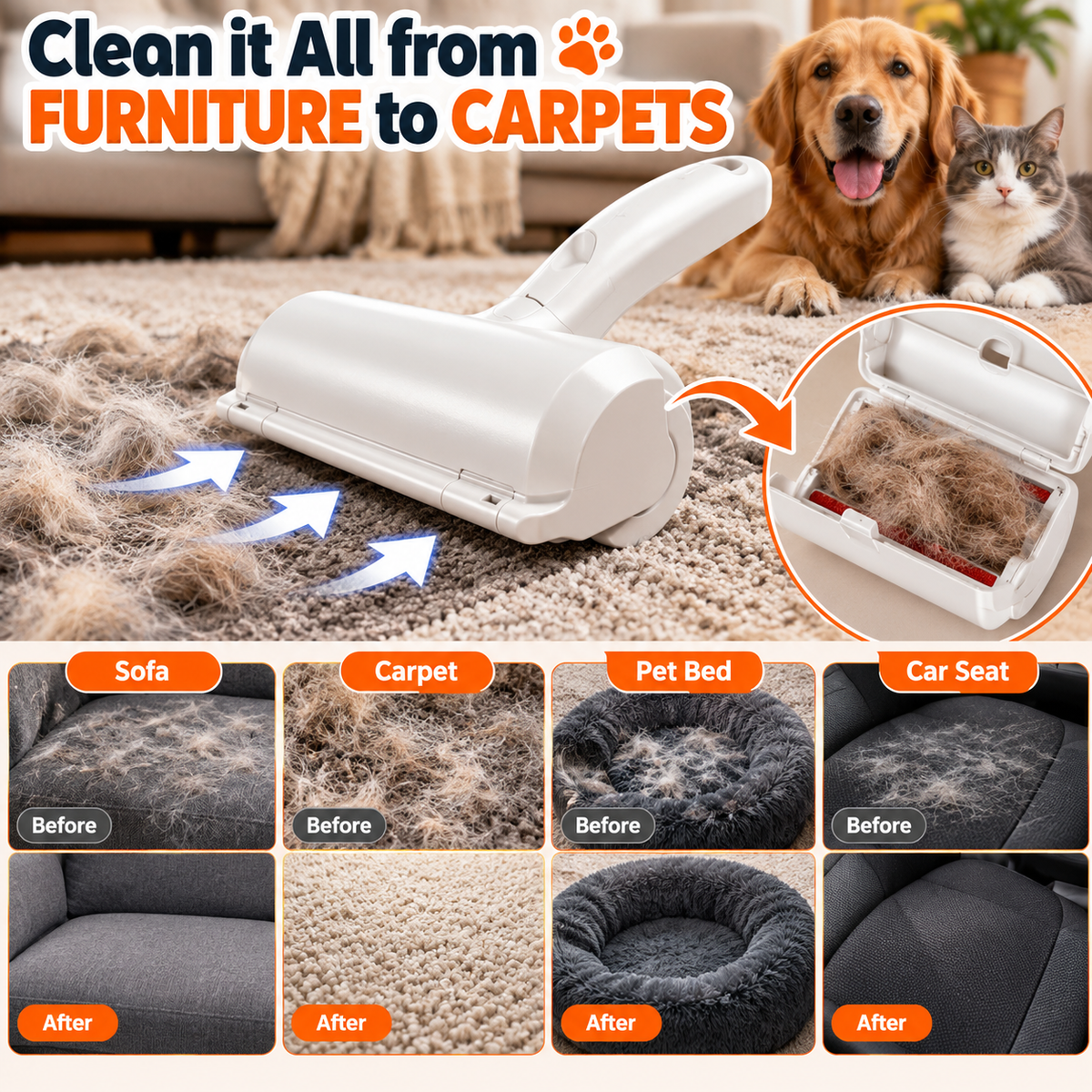Reusable Pet Hair Remover Roller – Furniture & Upholstery Cleaner