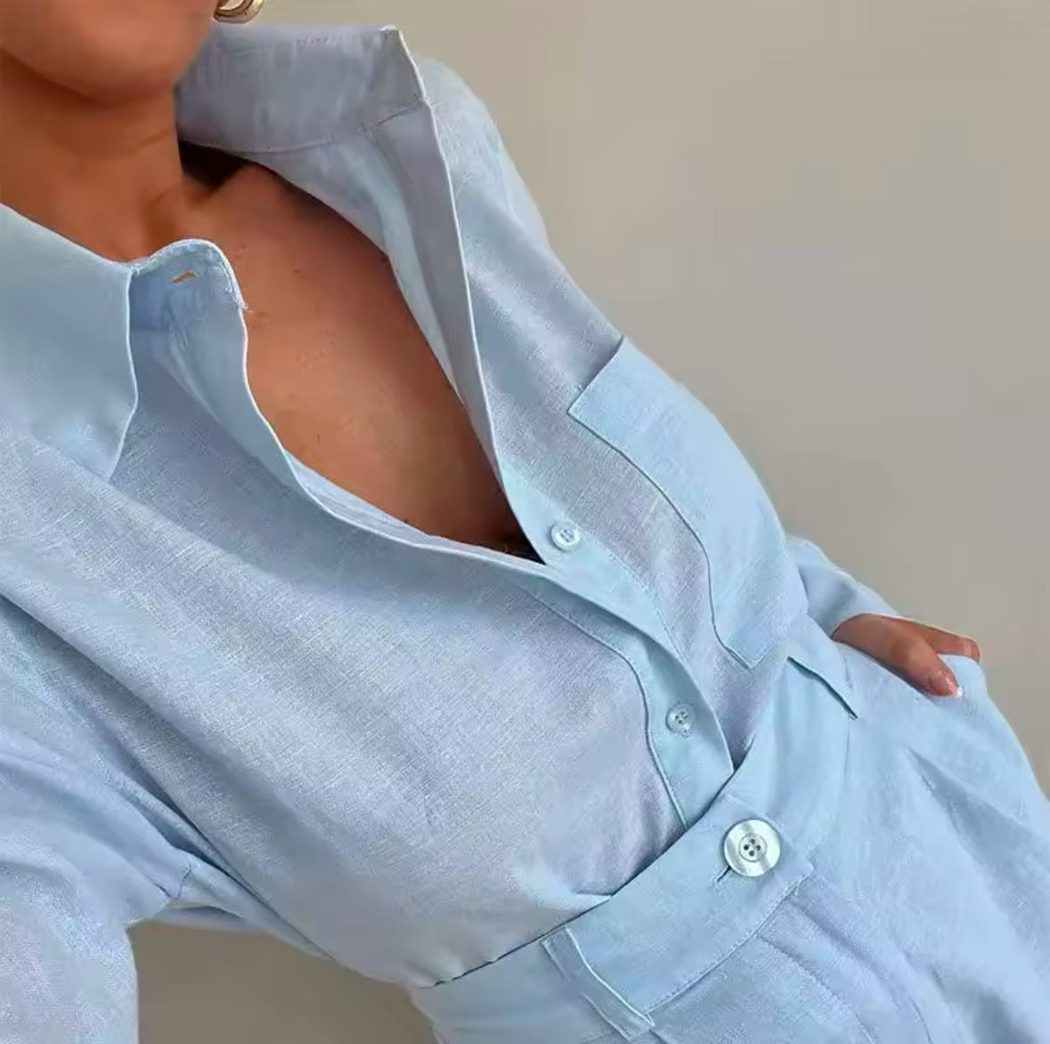 2025 Women’s Long Sleeve 2-Piece Set – Casual Button-Down Shirt & Pockets Shorts for Summer – Trendy & Comfortable Female Outfit