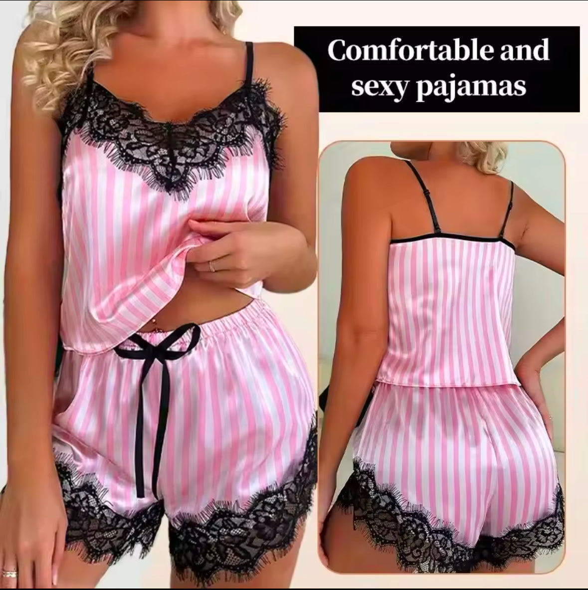 Set of Sexy V-Neck Lace Pajama for Women – Sleeveless & Comfortable Two-Piece Pajama Shorts Set for Relaxation & Sleep