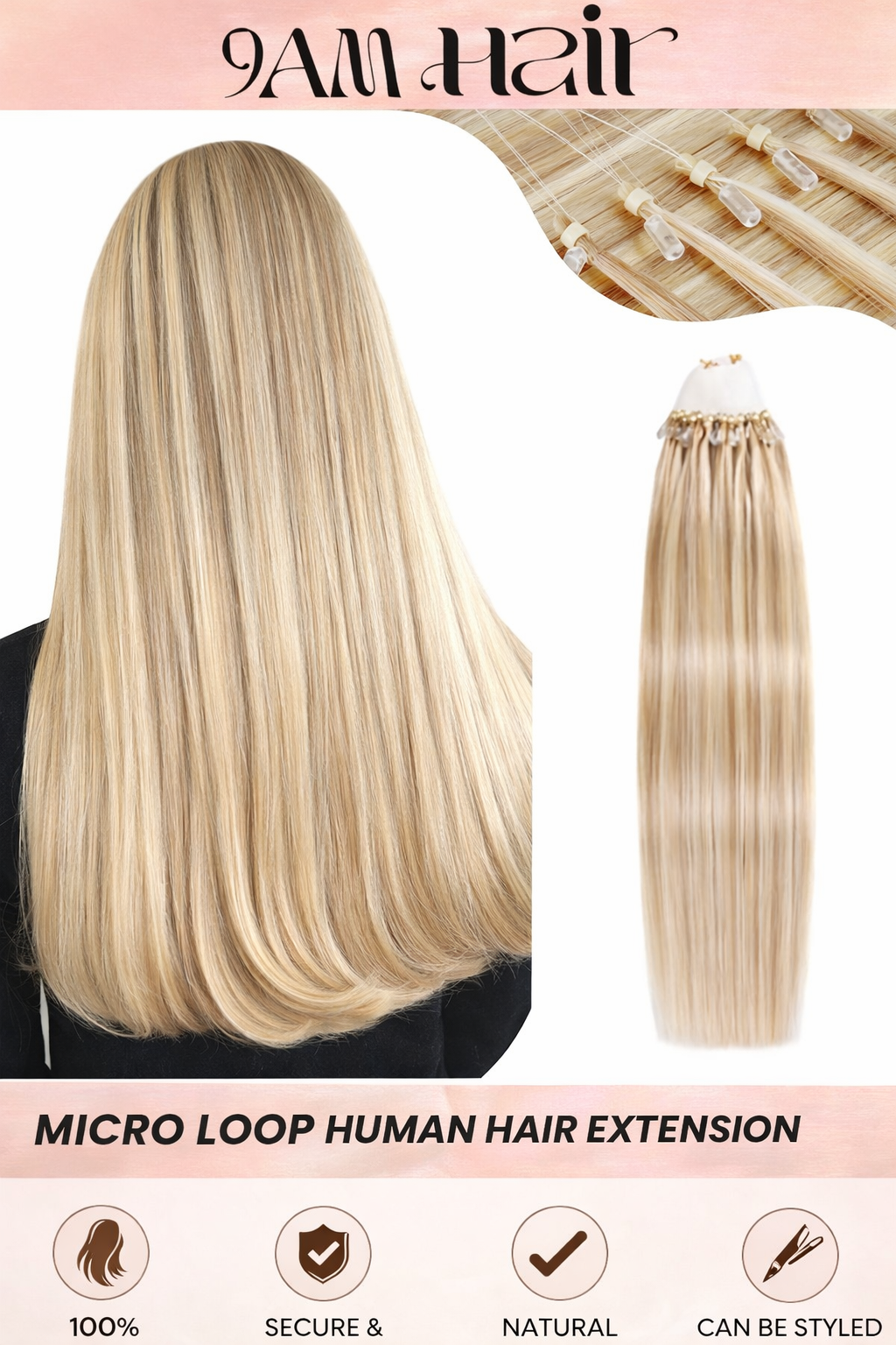 Human Hair Microlink Extensions 50 Strands – Silky Straight Micro Loop Light Brown Hair Extensions for Women
