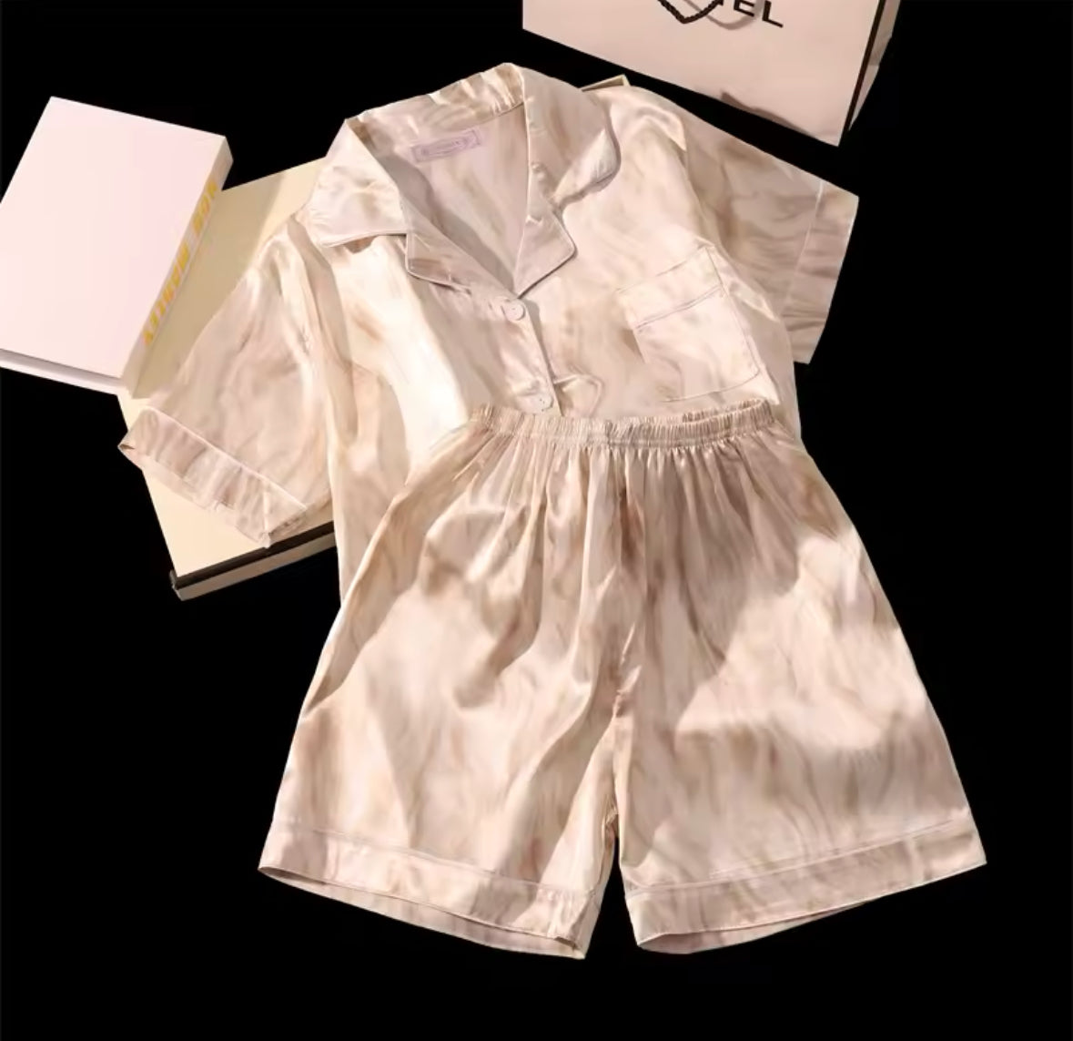 Cherry Print Summer Pajama Set for Women – 2-Piece Faux Satin Sleepwear with Casual Shorts & Top for Stylish Home Comfort