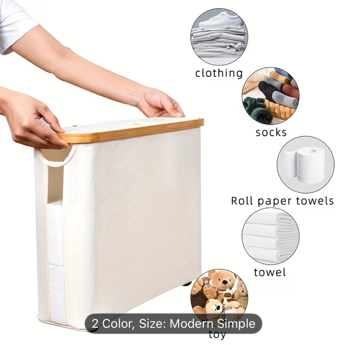 Large Capacity Toilet Paper Holder with Lid – Foldable Space-Saving Wood Frame with Gray Fabric, Modern Bathroom Storage Container, No Installation Needed