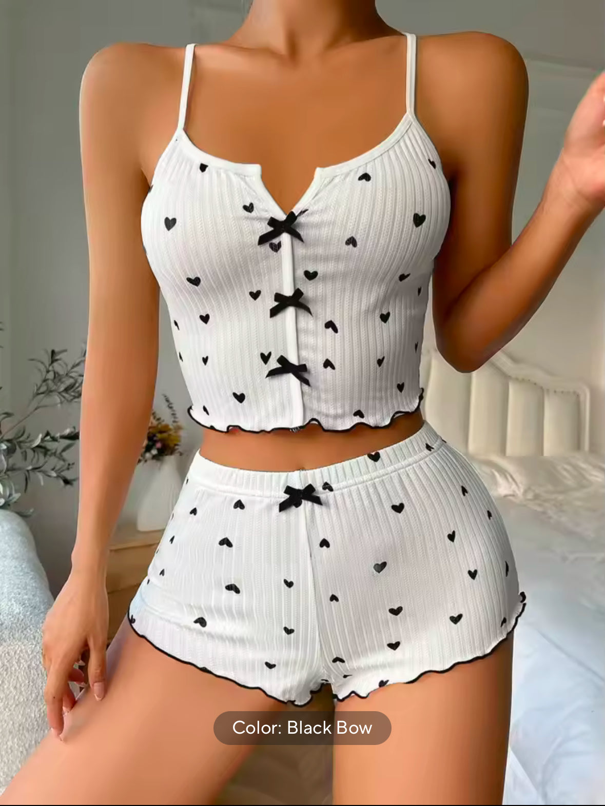 Sexy Silk Sleepwear Set for Women – Heart Print V-Neck Cami Top & Shorts – Comfortable Loungewear for Relaxation & Home