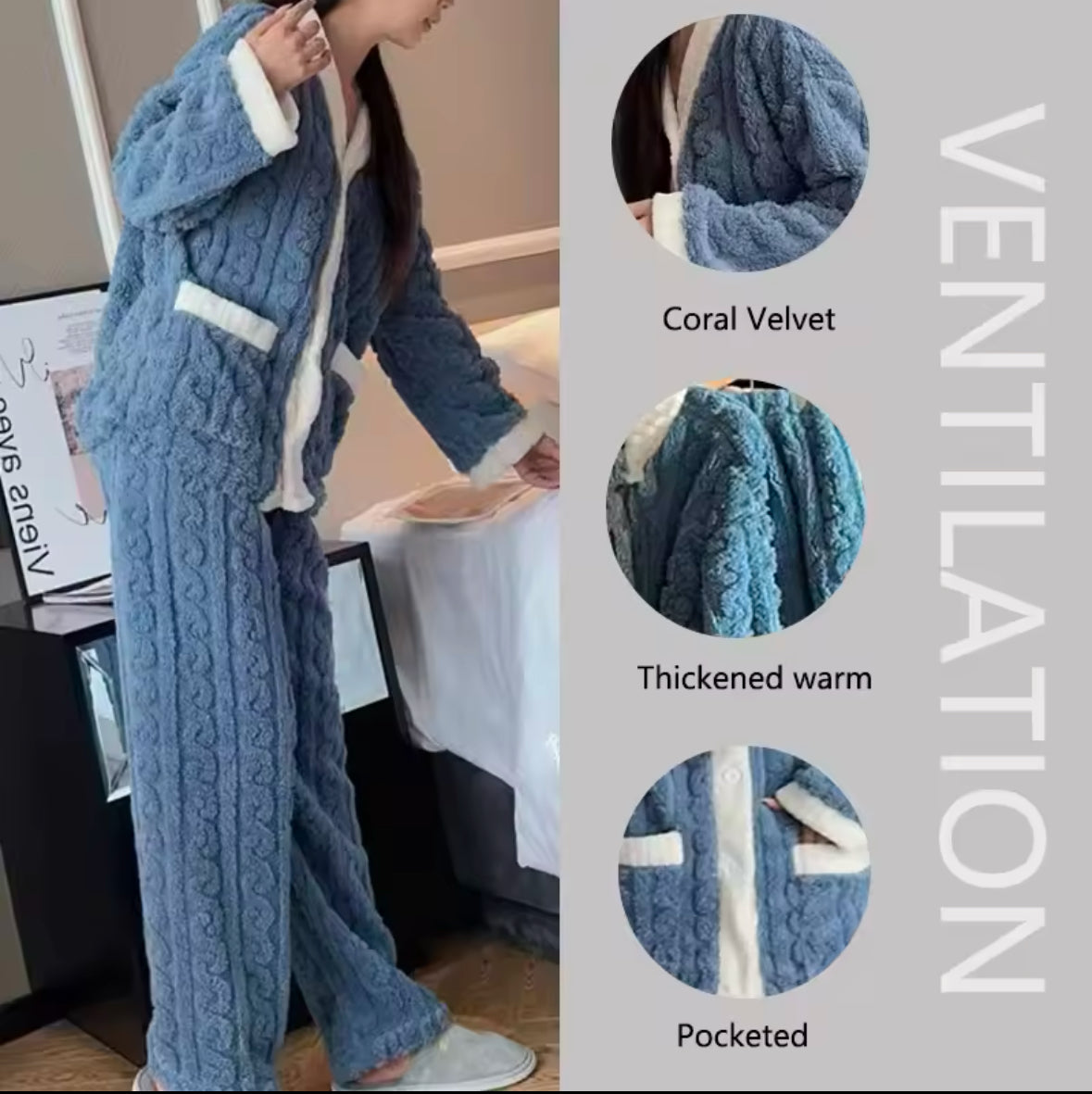 Warm & Cozy 2-Piece Pajama Set for Women – Thickened Coral Velvet Cardigan & Trousers for Autumn & Winter Comfort