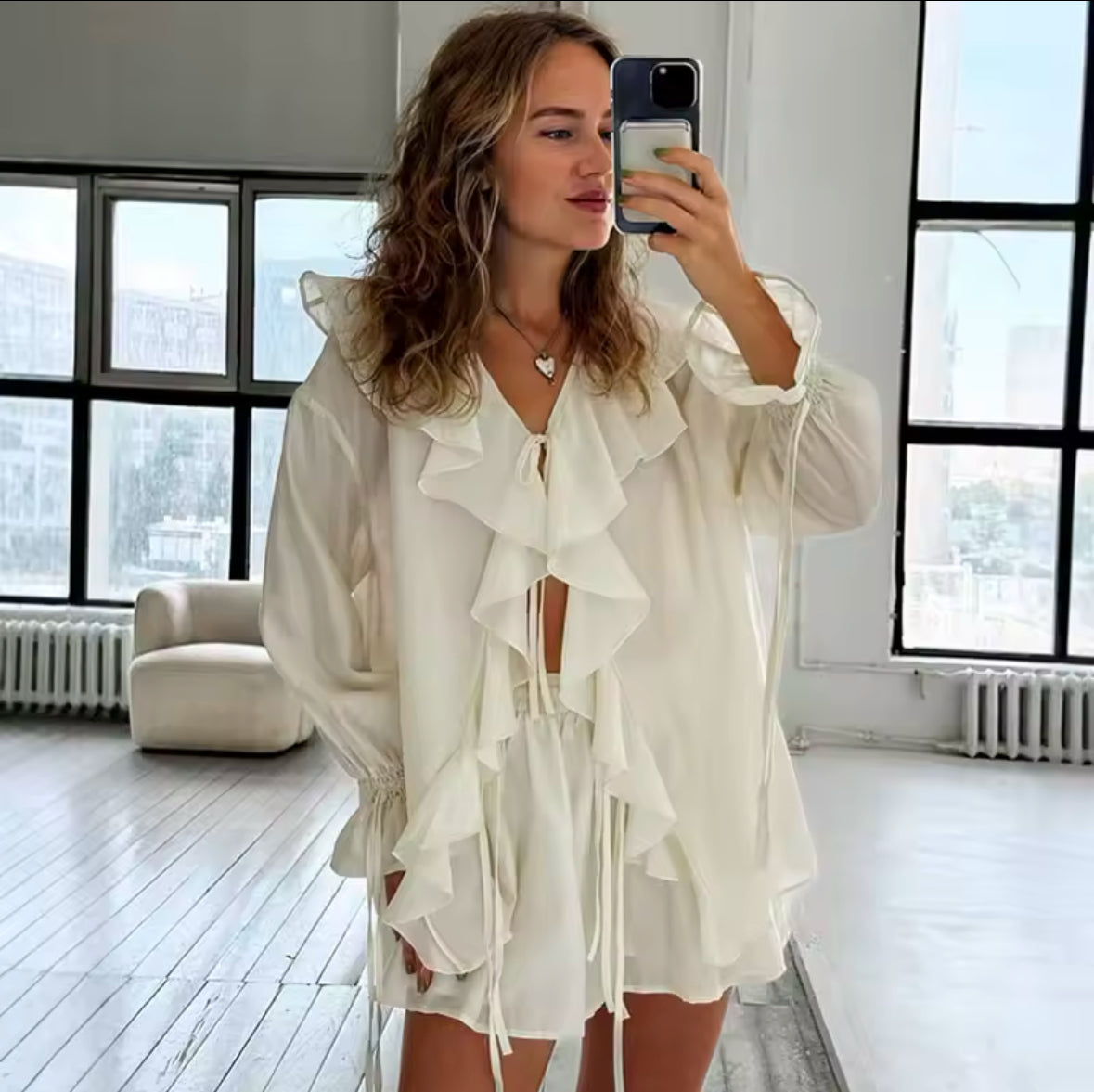 Casual Ruffles Shorts Suit for Women – V Neck See-Through Hollow Out Set with Lace-Up Detail | 2025 Spring Fashion for Ladies