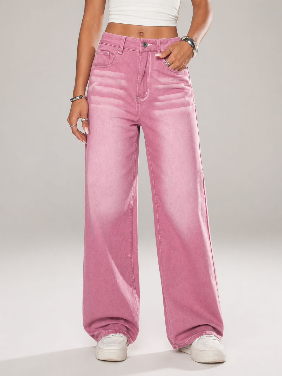 Wide Leg Denim Jeans Thick Cotton Fabric Flattering Silhouette All Season Women